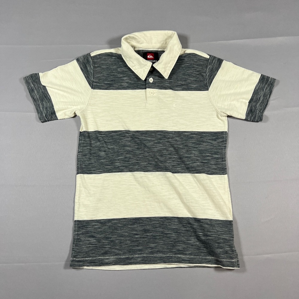 Quicksilver Polo Shirt Kids Medium Beige Gray Striped Logo Embroidered Casual